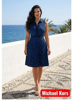 Michael Kors Sleeveless Collared Fit-and-Flare Dress in Navy/Black